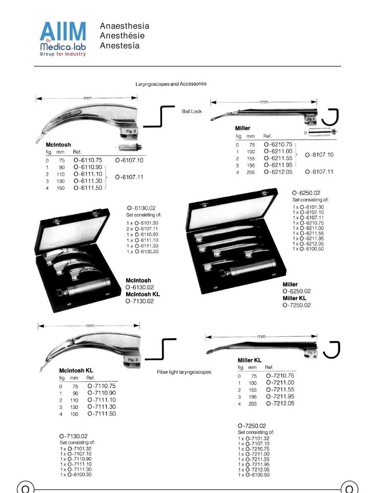 Lames de laryngoscope McIntosh et Miller
